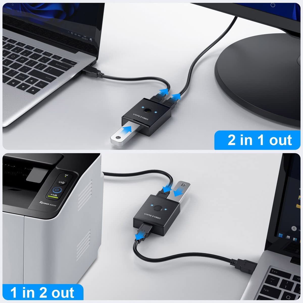 Xiwai Selettore di commutazione bidirezionale USB 3.0 KVM da 2 a 1 PC di condivisione o da 1 a 2 Hub per tastiera Mouse Scanner Stampante