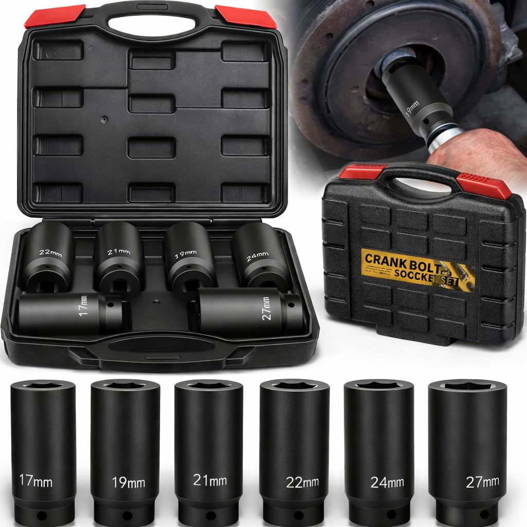 Set di 6 chiavi a bussola per manovella da 1/2", 17 mm, 19 mm, 21 mm, 22 mm, 24 mm, 27 mm, set di bussole per bilanciamento armonico, set di bussole metriche profonde da 1/2", 3 volte la potenza del