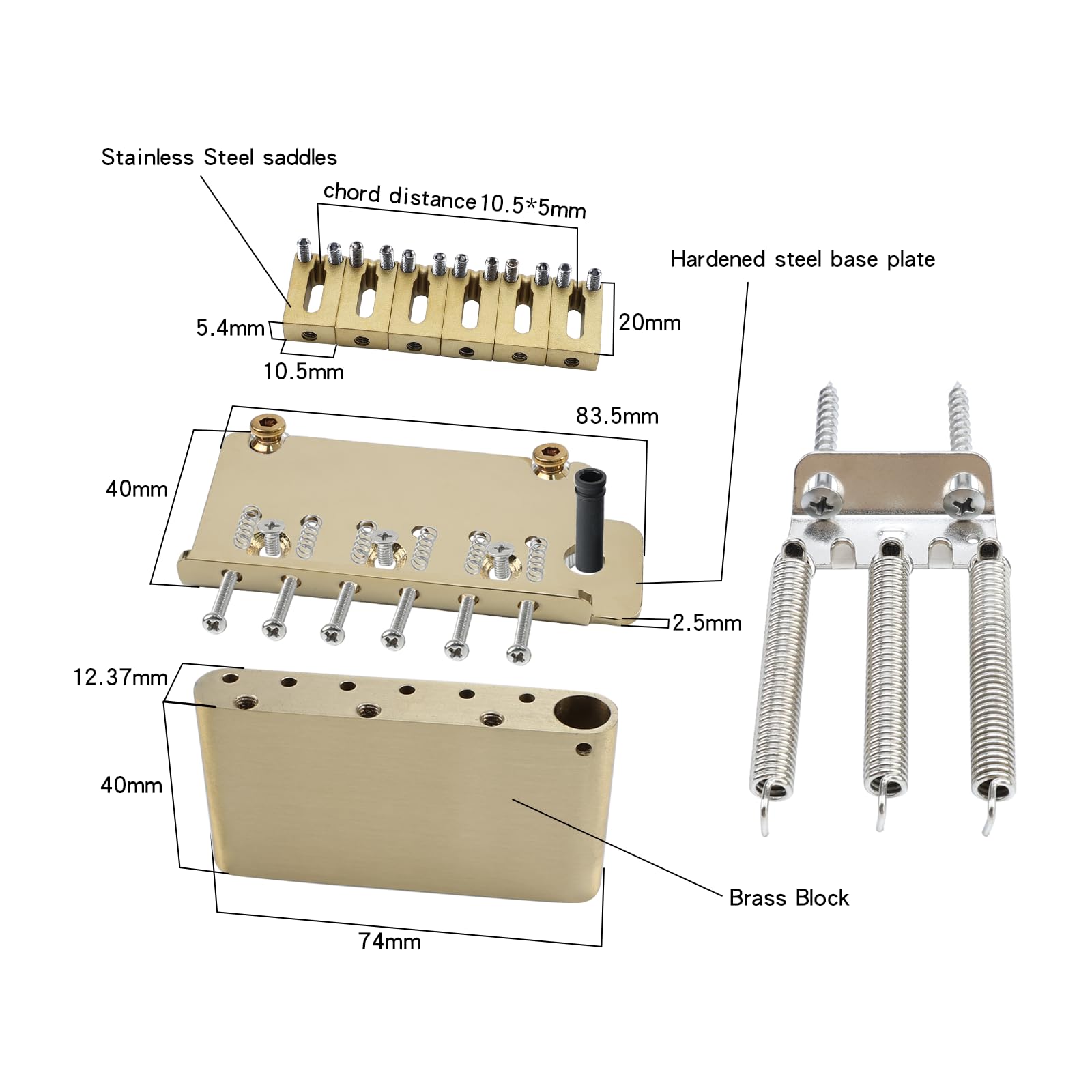 Puente de guitarra eléctrica de 10,5 mm, color dorado, puente de trémolo de 2 puntos, bloque de latón, placa de acero inoxidable, puente de guitarra eléctrica, puente de 6 cuerdas de arranque