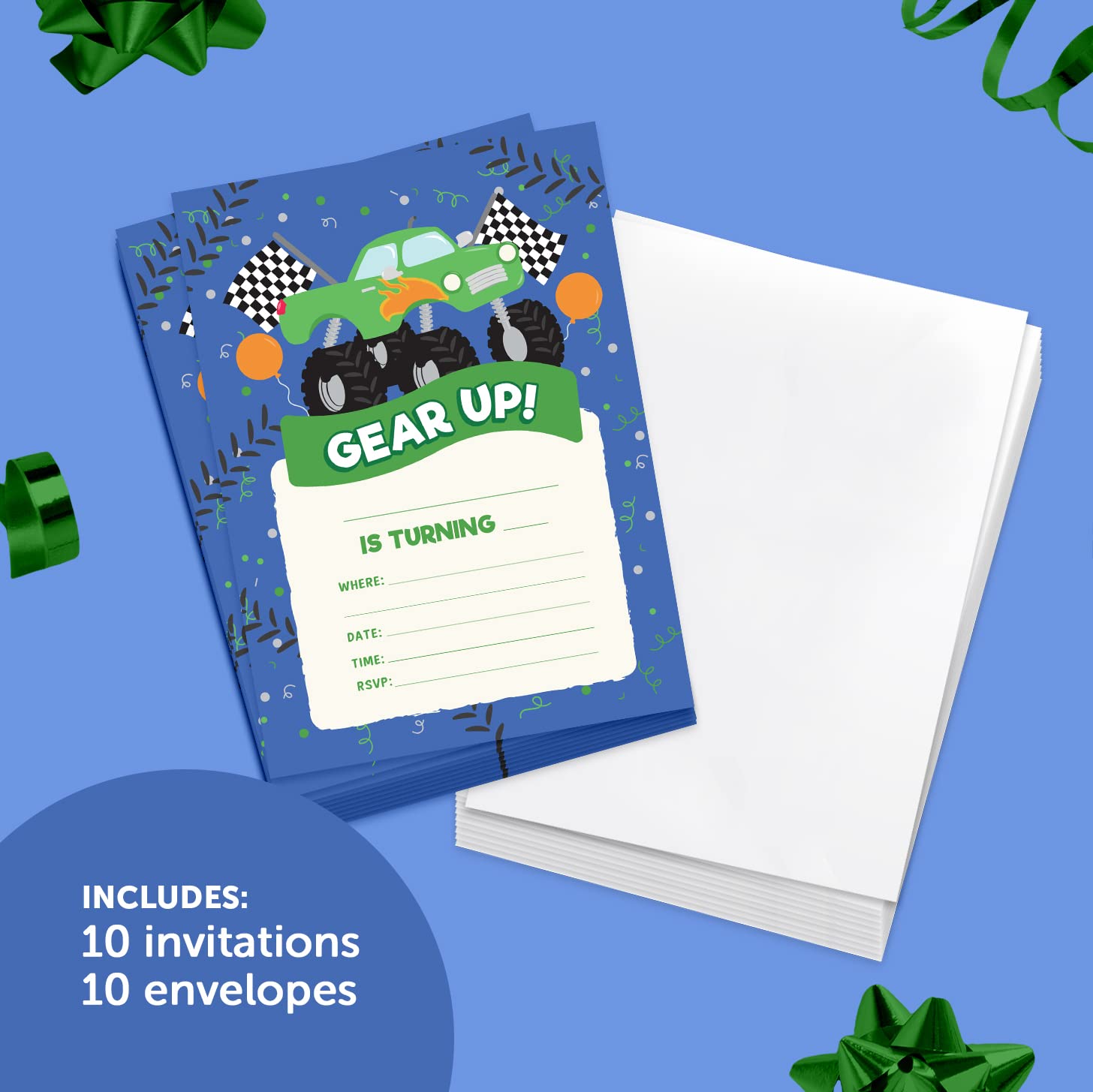 Desert Cactus Monster Truck Happy Birthday Invitations Invite Cards Style 3 (10 Count) With Envelopes Boys Girls Kids Party (10ct)