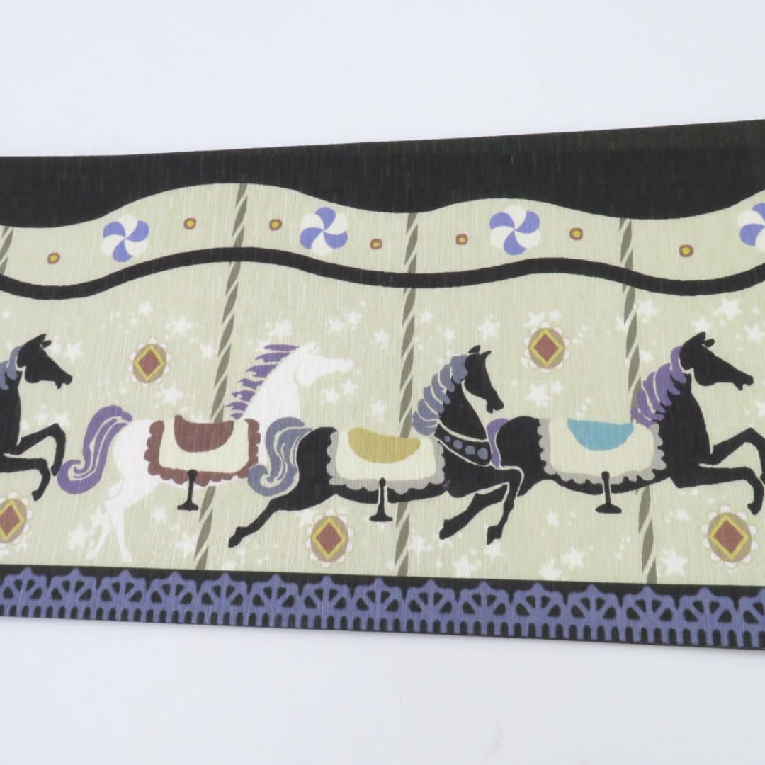 半幅帯 WAKKA ワッカ メリーゴーランド 花柄 正絹 イエローｘダークグリーン リバーシブル 日本製 半巾帯 長さ425cm 新品 【キモノオフ野々市若松店】 半幅帯 WAKKA ワッカ メリーゴーランド 花柄 正絹 イエローxダーク