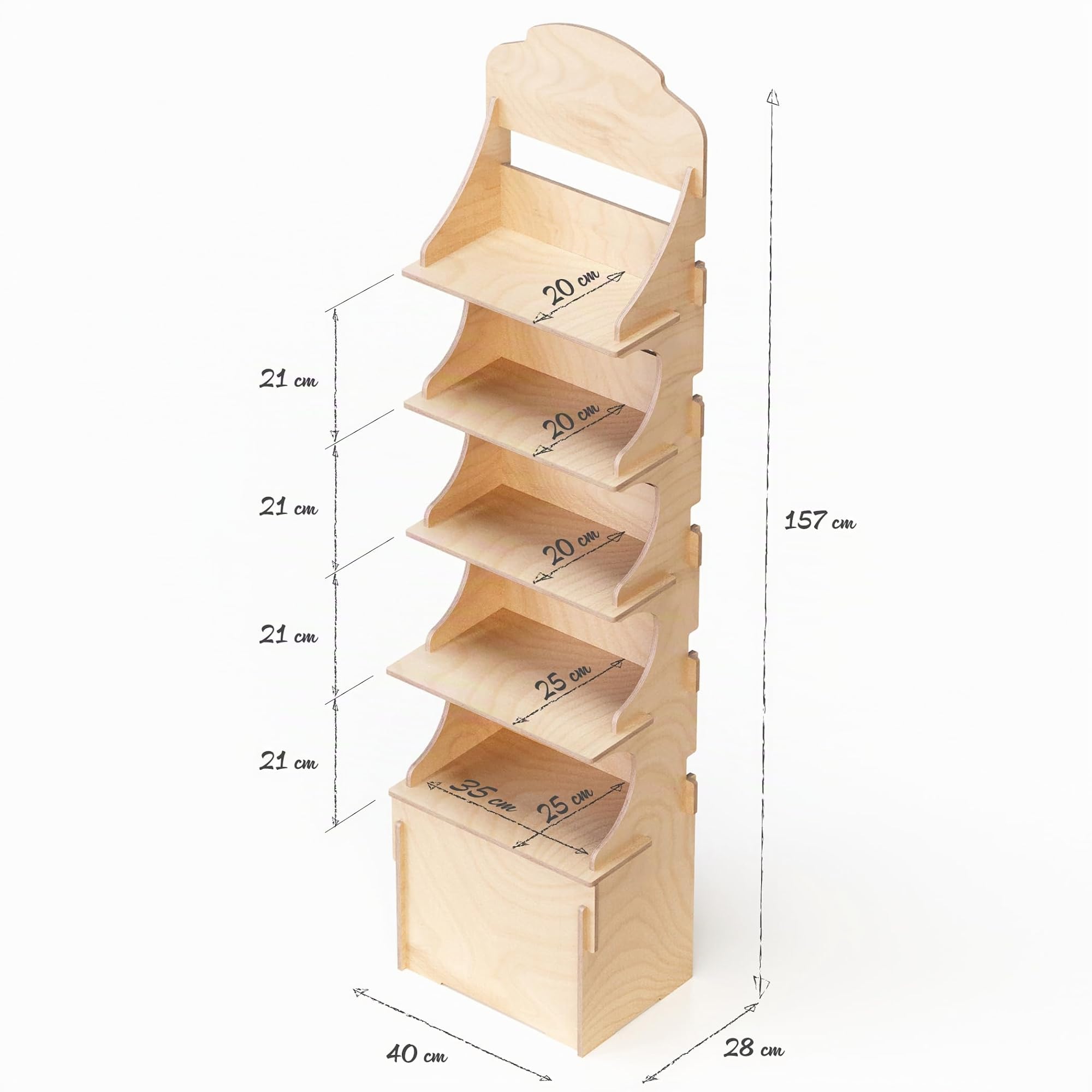 Expositor de madera, de suelo, para tiendas y boutiques, 5 estantes, natural y sostenible, H. 157 cm