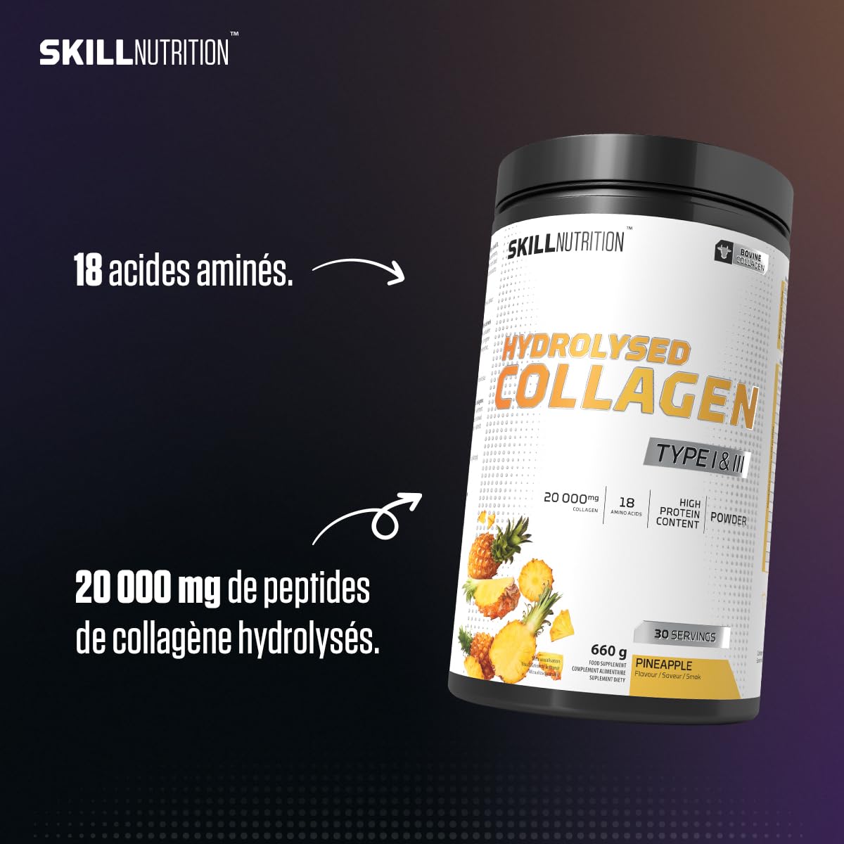 SKILL Nutrition Peptides de Collagène Hydrolysé Type I & III | Saveur Ananas | 18 Acides Aminés : Glycine, Proline | Haute Biodisponibilité | Soutien Peau, Cheveux & Articulations | 660g