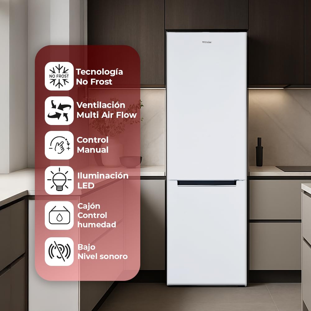 Wonder Frigorífico Combi Blanco, 2 Puertas WC185500ENF, Capacidad 253 Litros, No Frost, Multi Air Flow, Bajo Nivel Sonoro, Puerta Reversible, Clasificación Energética E