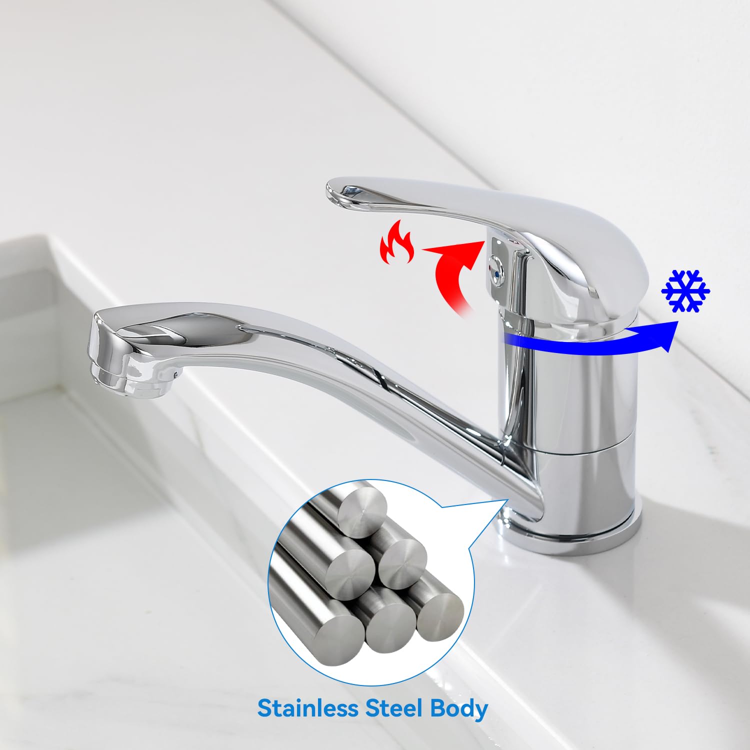 Robinet Salle de Bain Mitigeur Lavabo Chromé, Petit Robinet Lave Main Acier Inox, Aérateur Amovible, Chaud et Froid Réglable, Hauteur de Bec de 87 mm