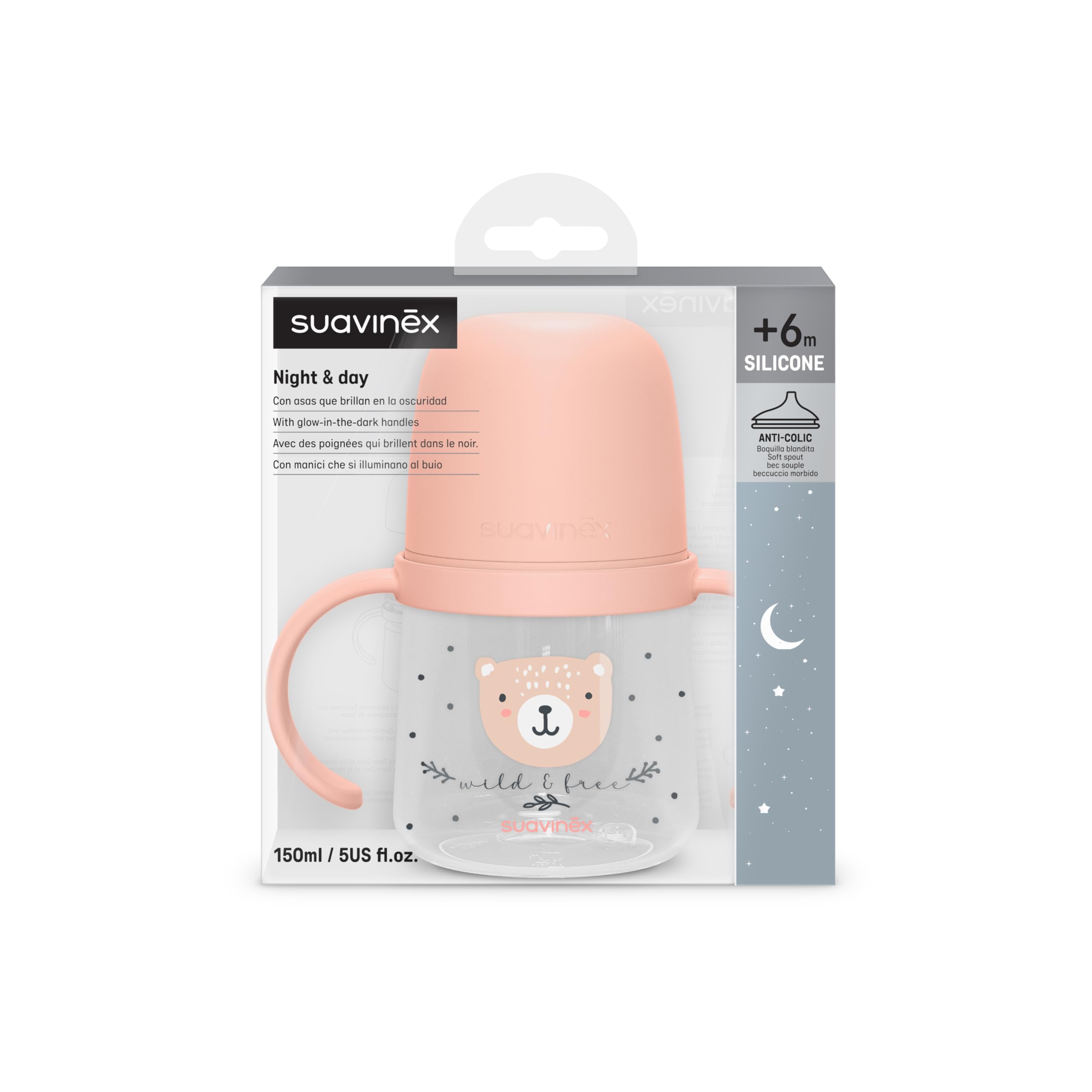 Suavinex, Bicchiere per l'Apprendimento del Bambino, Tazza Anti-goccia, con Manici che Brilla al Buio, con Ugello in Silicone e Valvola Anti-coliche, Ideale per l'Uso Notturno, +6 Mesi, W&Free Rosa