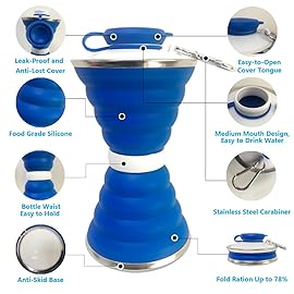 Collapsible Water Bottle, Camping Cup With Carabiner, Reuseable Silicone Foldable Leak Proof Portable Sports Travel Water Bottles For Outdoor, Travel Gym Hiking, BPA Free, Cycling Cups with Carabiner