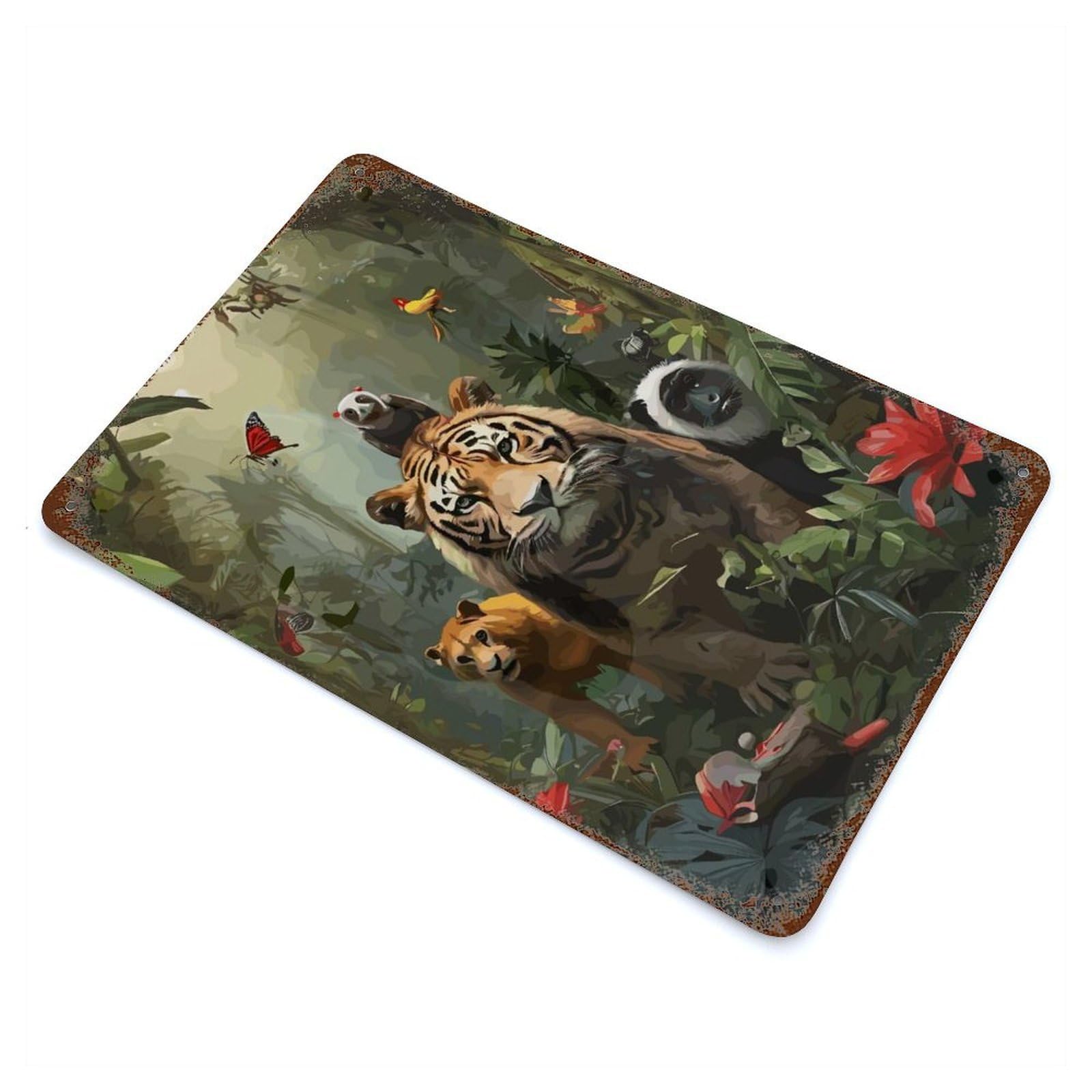 Animals in The Jungle Vintage Wall Sign 11.8"x7.9", Rust Effect Metal Decor for Bistro, Counter And Cafe Decor