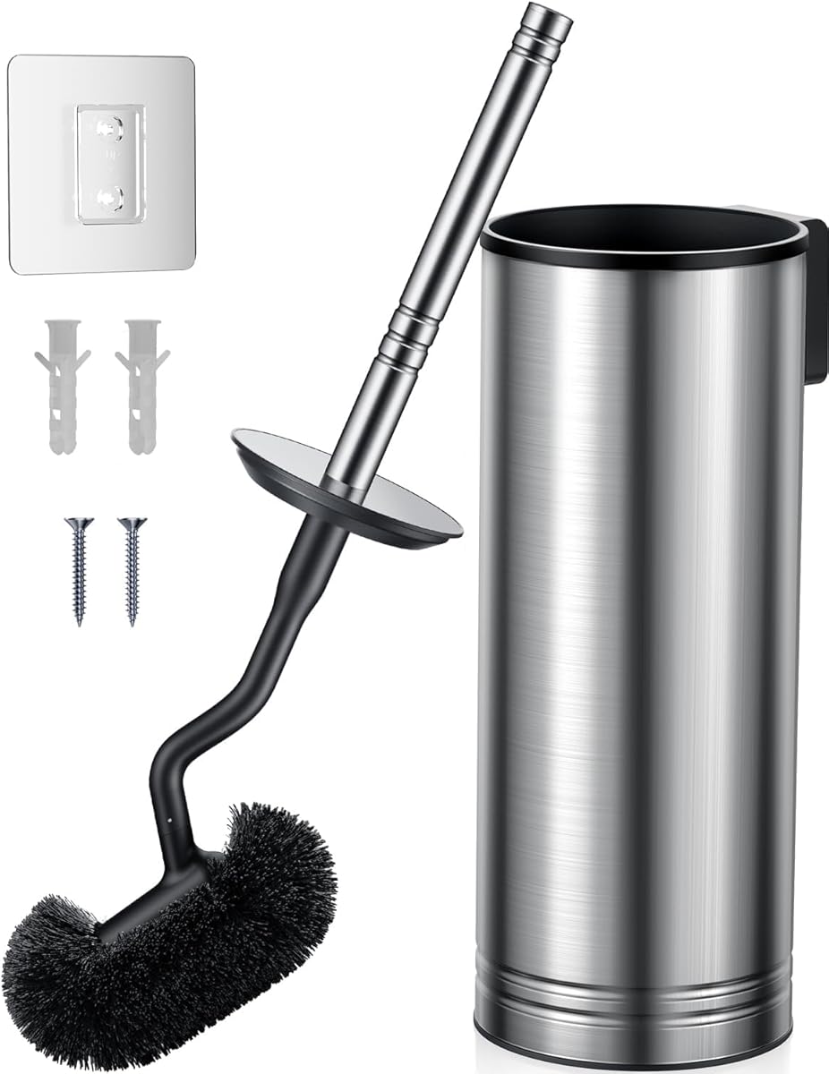 HAMITOR Toilet Brush and Holder Set: 304 Stainless Steel Heavy Duty Bowl Cleaner Brush - Deep Cleaning Under Rim Curved Bristle - Space Saving Wall-Mounted for Home RV Bathroom Accessories Silver