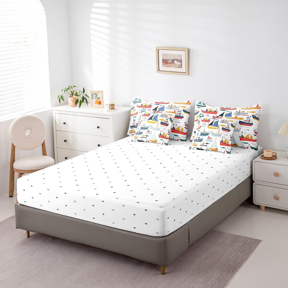 Erosebridal Nautical Comforter Set 7 Piece Bed in a Bag Twin,Retro Sailboat Steamship Bedding Sets Ocean Steamboat Steamer Sheet Set with Comforter