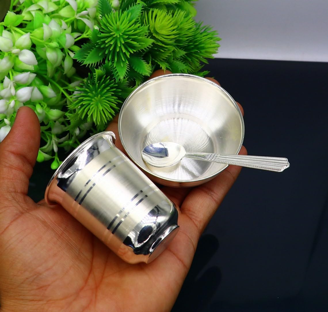 Buy GoldGiftIdeas Pure Silver Bowl with Glass and Spoon Set with BIS