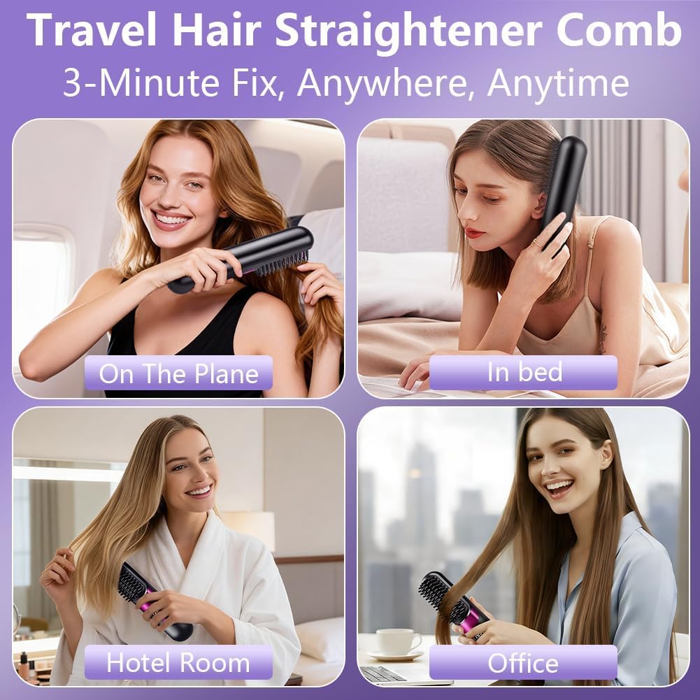 Hemioke Cordless USB Rechargeable Ionic Hair Straightener Brush, Anti Frizz Ceramic Heated Brush for Thick Curly Hair, Fast Heating Travel Hair Straightener Brush for Women — view 7