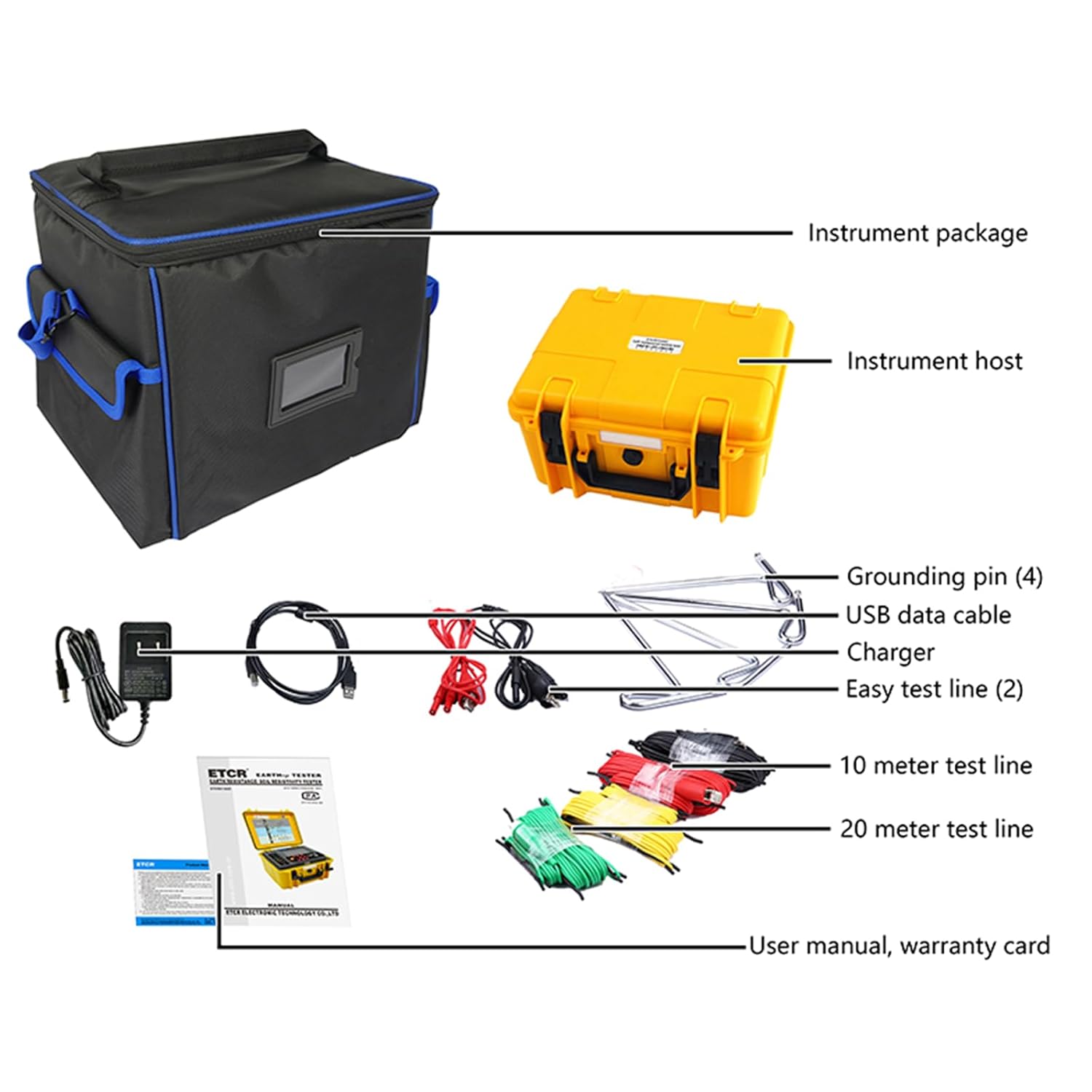 Contents of the ETCR3100C package, including the tester, carrying bag, test leads, grounding pins, charger, USB cable, and manual.