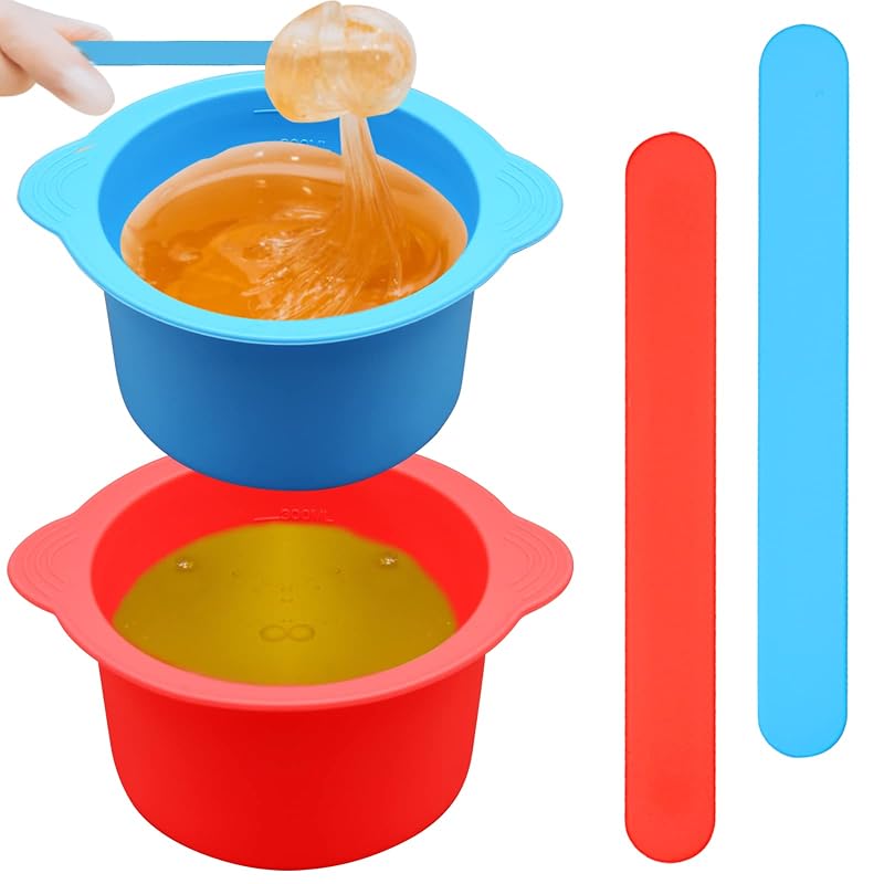 Kit HINGTAI com 2 recipientes de silicone para derreter cera, 2 espátulas, azul e vermelho