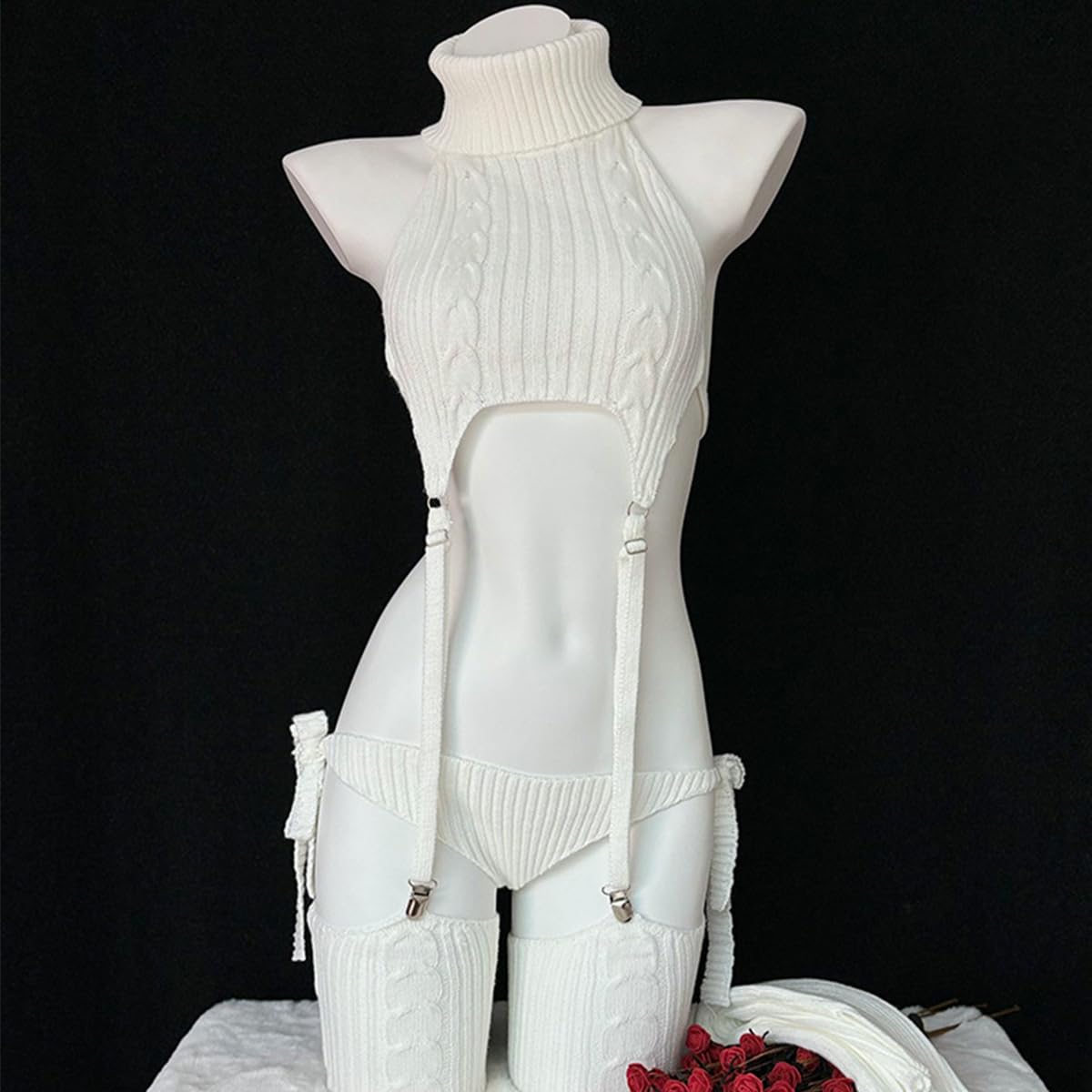 SNOMYRS Virgin Killer Sweater Japanese Sexy Cosplay Garter Lingerie Set Stockings Crop Top Panty Teddy Bodysuit For Women