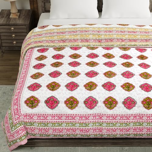 Image of BLOCKS OF INDIA Hand Block Printed Cotton King Size Quilt /Rajai | Pink Peach Rose