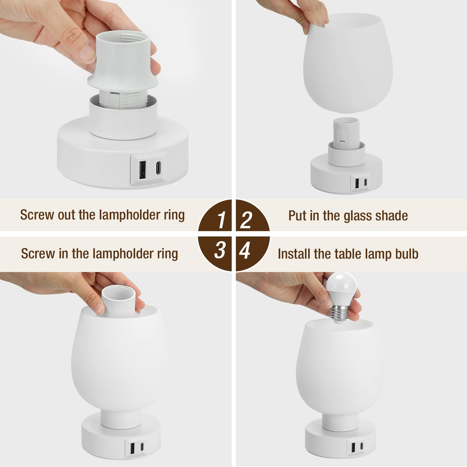 Touch Tischlampe für Nachttisch 2er Set - Nachttischlampe mit USB C+A Ladeanschlüssen für Schlafzimmer Wohnzimmer Nachttische, Schreibtischlampe mit weißem Glasschirm für kleine Räume, 3 Wege Dimmbar