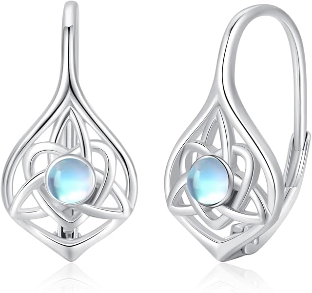 Celtic Earrings Sterling Silver Moonstone Opal Earrings Hypoallergenic Leverback Dangle Earrings Irish Knot Jewellry Gifts for Women Girls Birthday