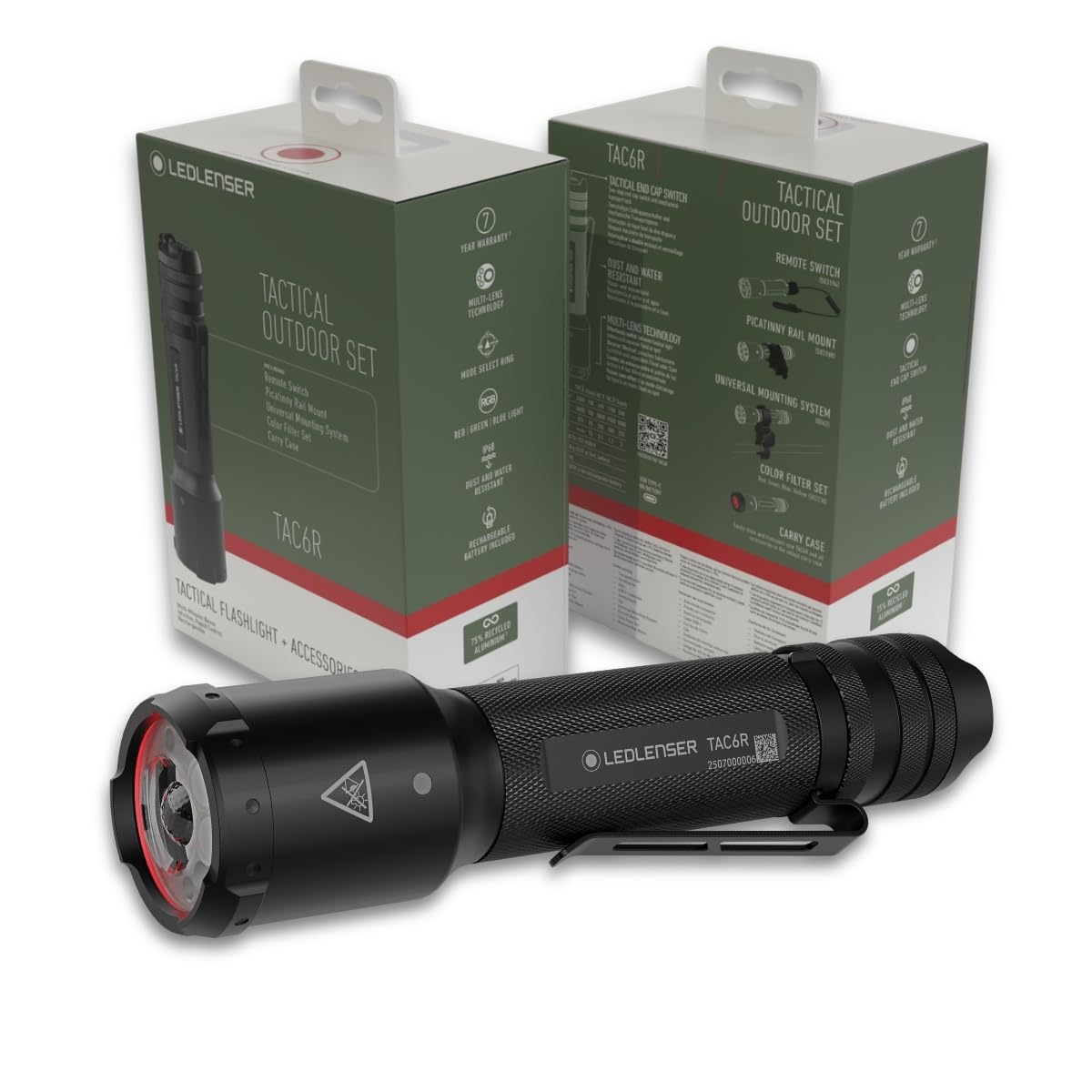 Ledlenser TAC6R Taktische Taschenlampe, wiederaufladbar, Outdoor-Set, LED 2000lm, 6 Modi inkl. Strobe, Multi-Lens-Technologie, bis zu 370m Leuchtweite, IP68, USB-C-Akku für Polizei, Jagd