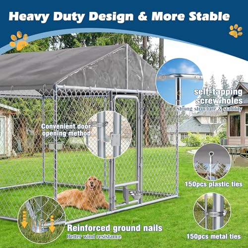 Dephet 10×10×7 FT Outdoor Dog Kennel with Roof, Dog Enclosure w/Rotating Feeder, Large Heavy Duty Dog Run Playpen w/2 Stainless Bowls, Galvanized Pet House w/Secure Lock, Waterproof Cover