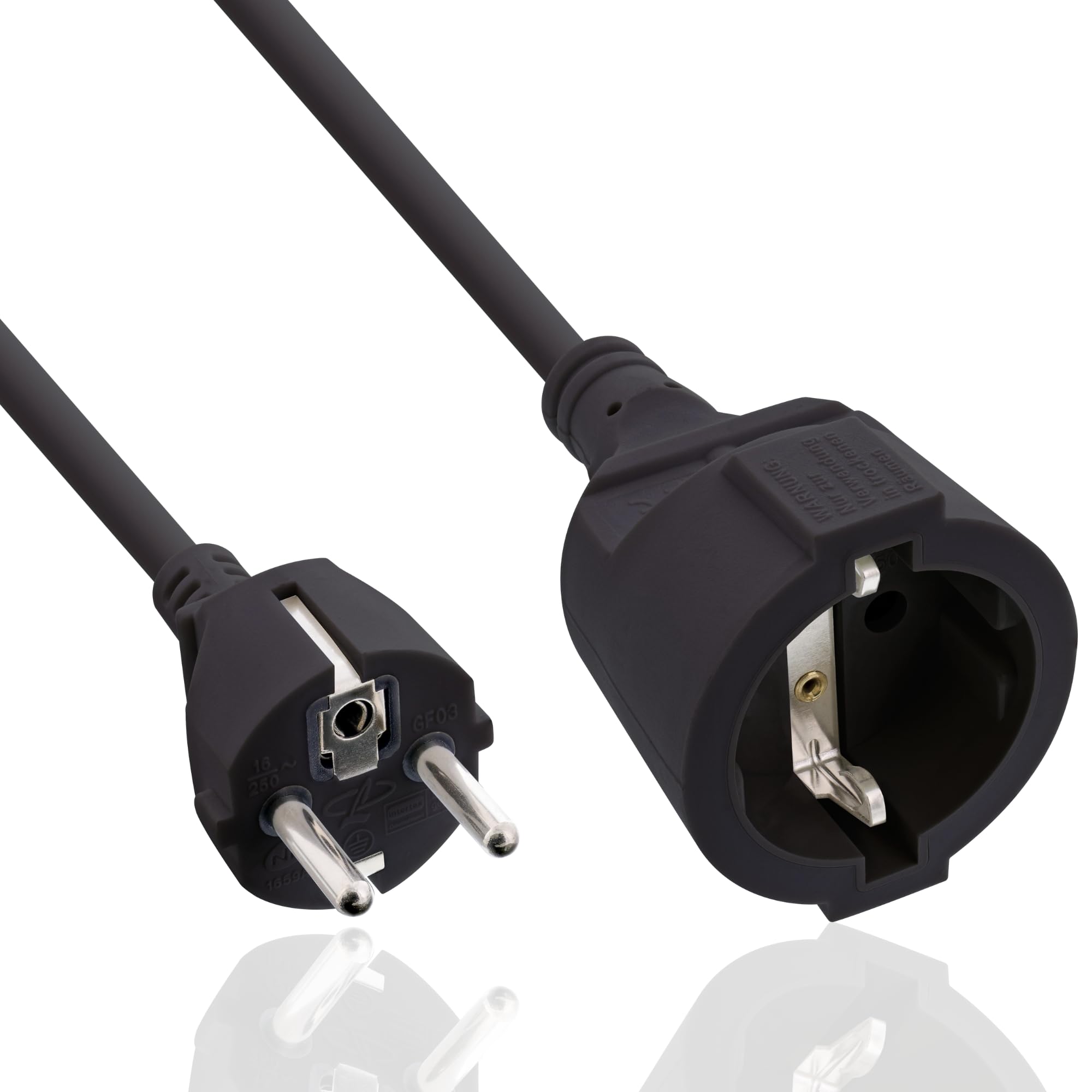 Inline Schutzkontakt-Verlängerungskabel CEE 7/7 für Innenbereich, GS-Zertifiziert mit Kinderschutz, 230V, H05VV-F3G1,5, 1,5m, schwarz, 16401