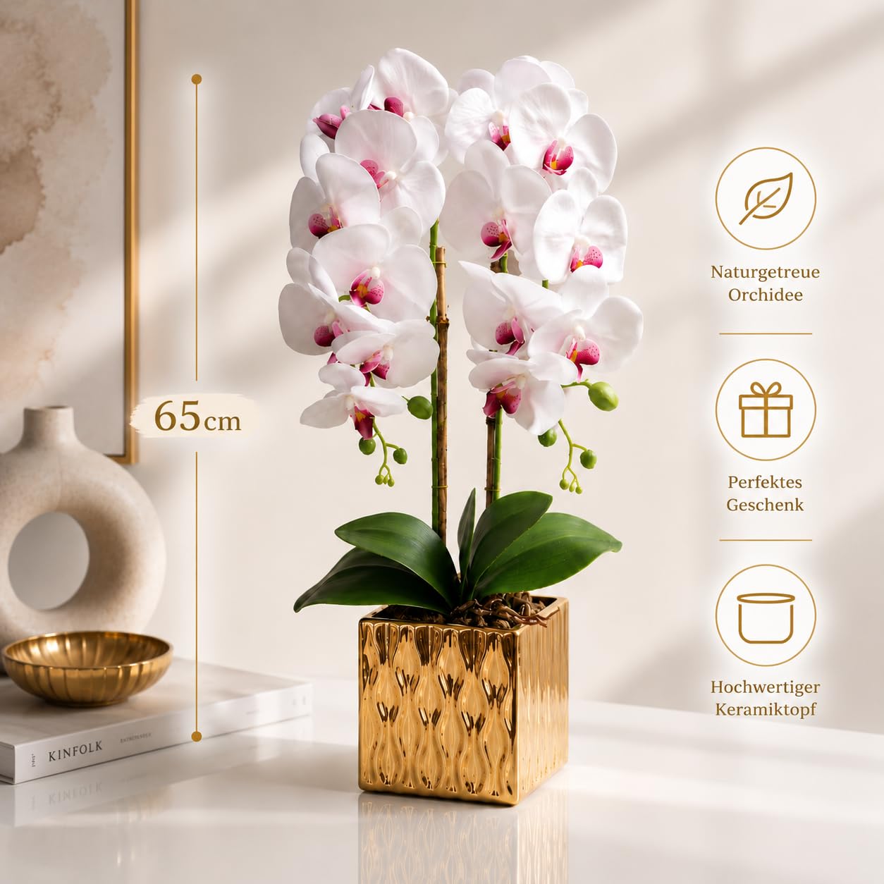 PASCH® Orchidées artificielles - Fleurs artificielles en pot - Fleurs artificielles semblables à de vraies - Orchidées artificielles en pot - Fleurs artificielles en pot (blanc/doré (65 cm)