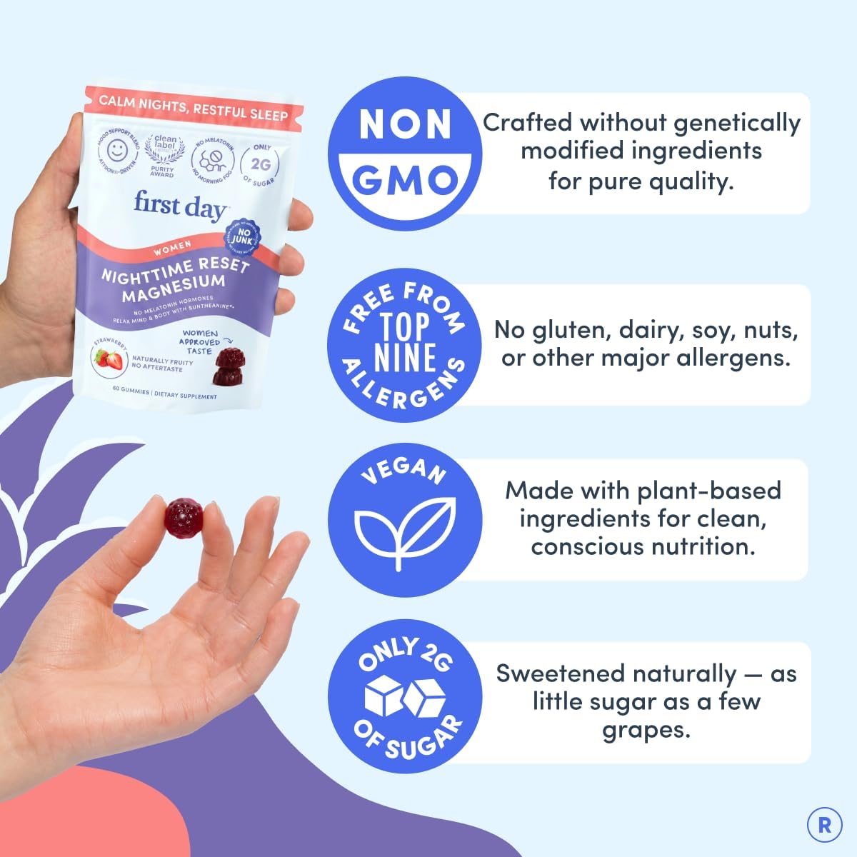 First Day Women’s Nighttime Reset Calming Magnesium Gummies – Sleep Aid Supports Peaceful Rest, Balanced Mood & Energy – Supplement with Magnesium Citrate, L-Theanine & No Melatonin – 30-Day Supply