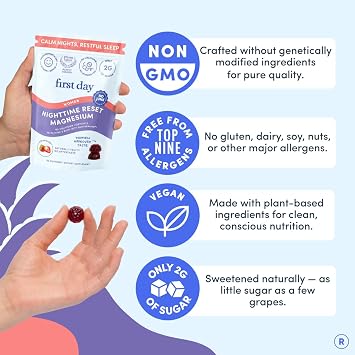 First Day Womens Nighttime Reset Calming Magnesium Gummies Sleep Aid Supports Peaceful Rest, Balanced Mood & Energy Supplement with Magnesium Citrate, L-Theanine & No Melatonin 30-Day Supply