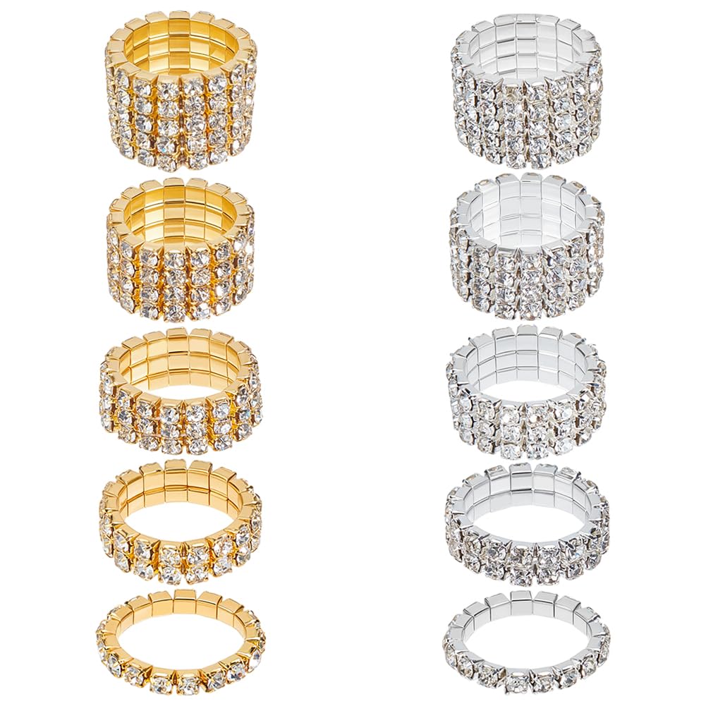 10Pcs 2 Colors Rhinestone Stretch Rings 10 Styles Gold Silver Crystals Inlaid Rings Thumb Pinky Ring Fashion Crystal Stackable Finger Ring Set Diamond Elastic Accessories for Women