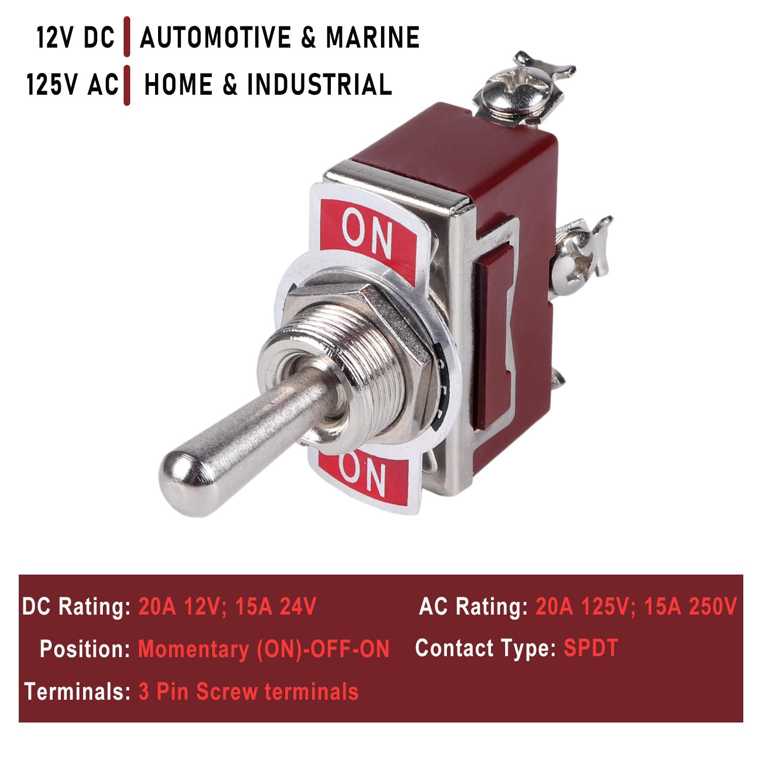 2pcs One Side Momentary (ON) Off ON Toggle Switch 20Amp 12V SPDT 3-Pin 3-Position Electric Switch Brown Bakelite Housing with Waterproof Boot Cap for Industrial Equipment Car Truck Marine