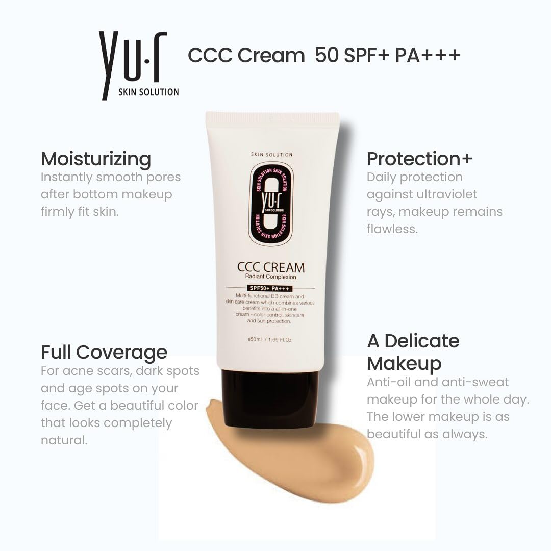 Yu.r CCC Cream SPF50+ PA+++ – 3-in-1 CC Cream mit UV-Schutz, Feuchtigkeit & natürlicher Tönung für alle Hauttypen, 50 ml (medium)