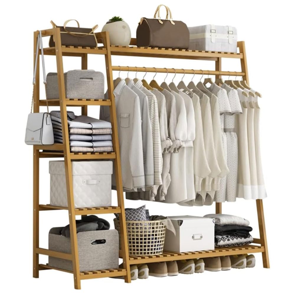 Neo Natural Bamboo Garment Clothes Rack Storage Shelf Hanging Rail Side Hooks for Entryway Bedroom Bathroom and Office