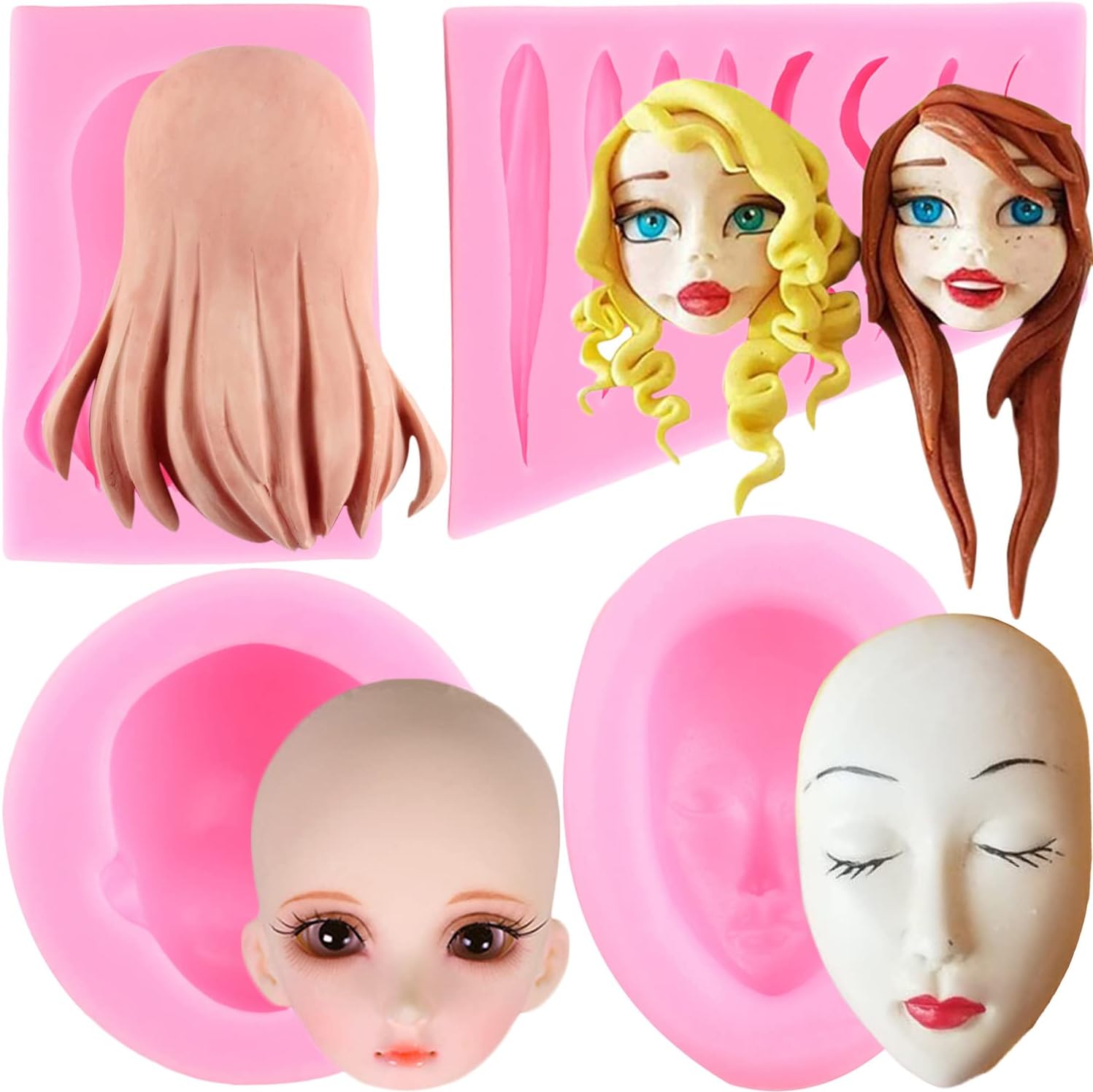 Mujiang 3D Human Face Silicone Molds Doll Hair Fondant Molds For Cake Decorating Chocolate Candy Clay Set Of 4