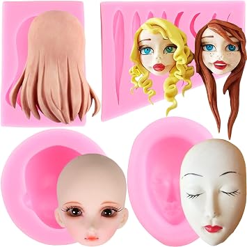 Mujiang 3D Human Face Silicone Molds Doll Hair Fondant Molds For Cake Decorating Chocolate Candy Clay Set Of 4