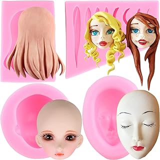 Mujiang 3D Human Face Silicone Molds Doll Hair Fondant Molds For Cake Decorating Chocolate Candy Clay Set Of 4