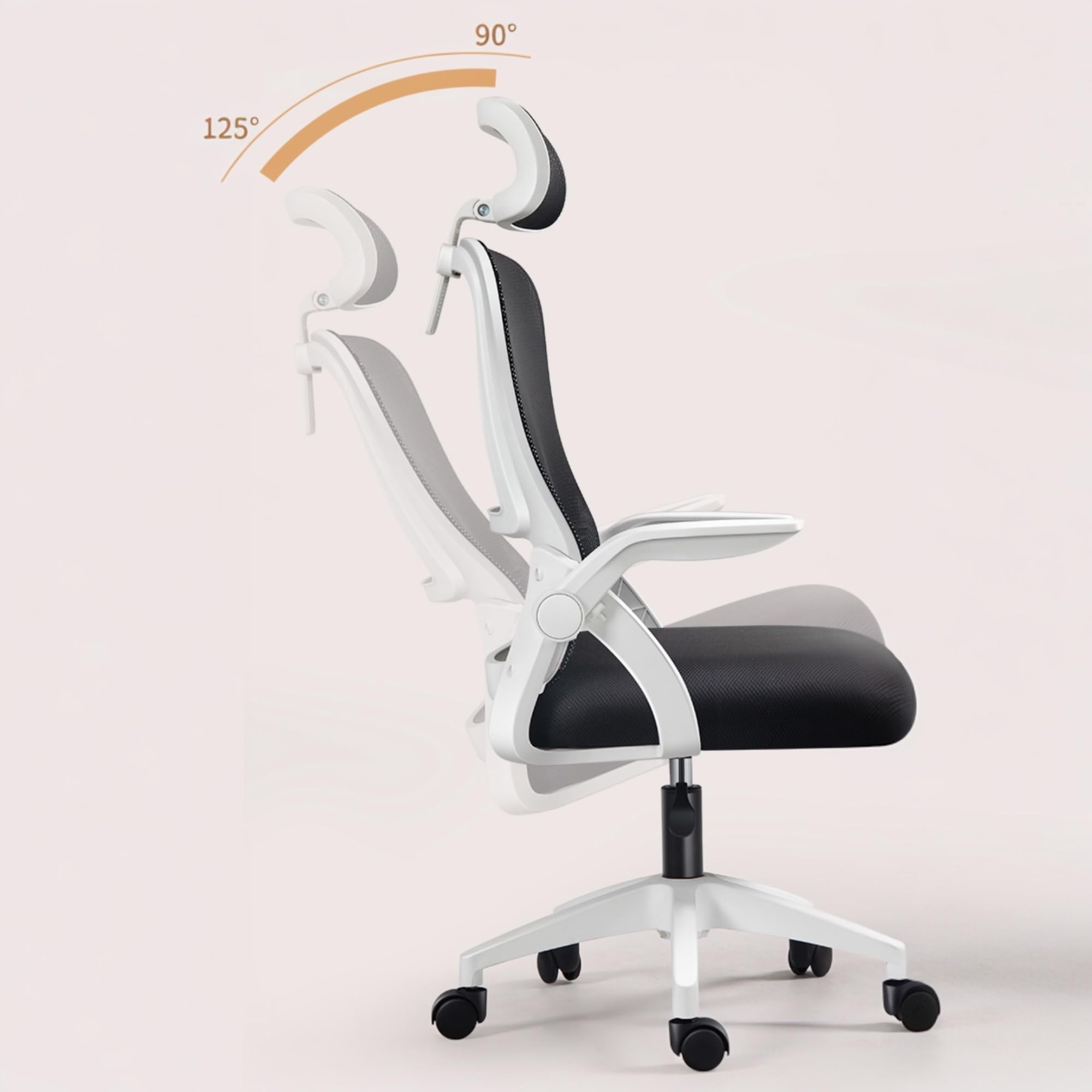 Silla de Oficina, para Gaming, Escritorio Ergonómica con Reposacabezas, Ajustable y con Soporte Lumbar | Respaldo de Malla Transpirable | Reposabrazos Abatibles de 90° | Giratoria 360° (Blanco)