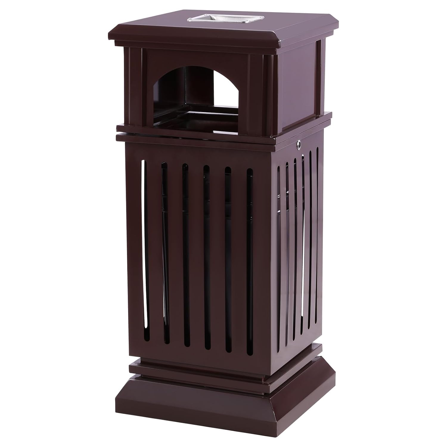 30L Side-Opening Square Metal Trash Can with Built-in Ashtray & Lockable Lid, Hollow Outdoor Large-Capacity Garbage Bin, Widely Used for Home, Office, Restaurants and Public Washrooms