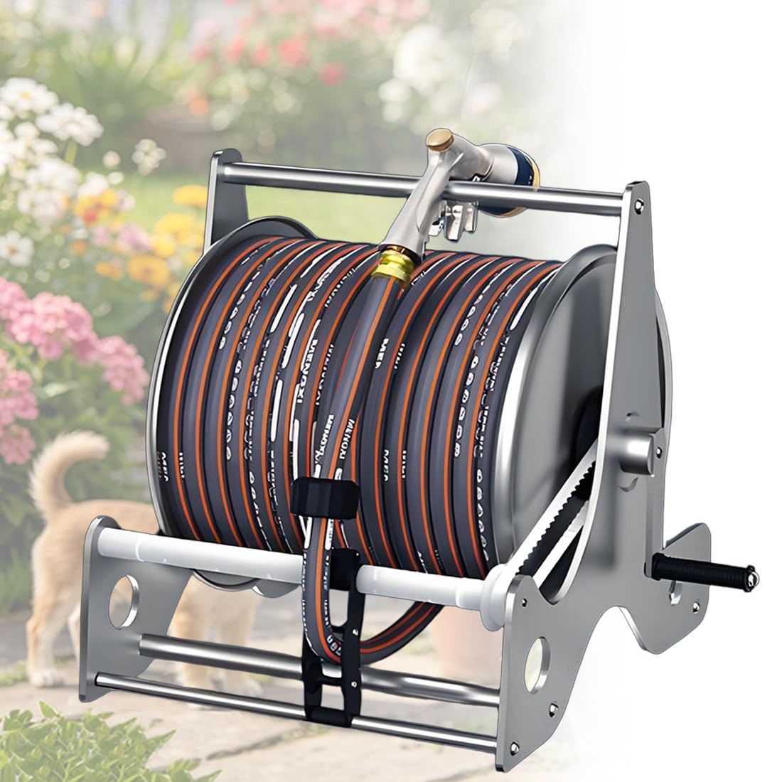 Qiancruxtacy B Professional Garden Hose Reel Kit,Wall/Floor Mounted Water Hose Holder With Crank Handle & Automatic Hose Guide,For Lawn Care,Car Detailing,Greenhouse Watering,Patio Deep Cleaning -15M