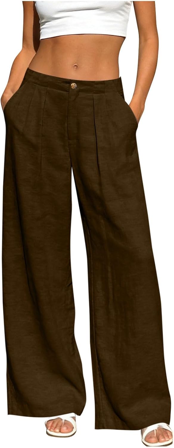 Palazzo Pants for Women Cotton Linen Button Zipper Pant Wide Leg High Waisted Summer Casual Lightweight Trousers