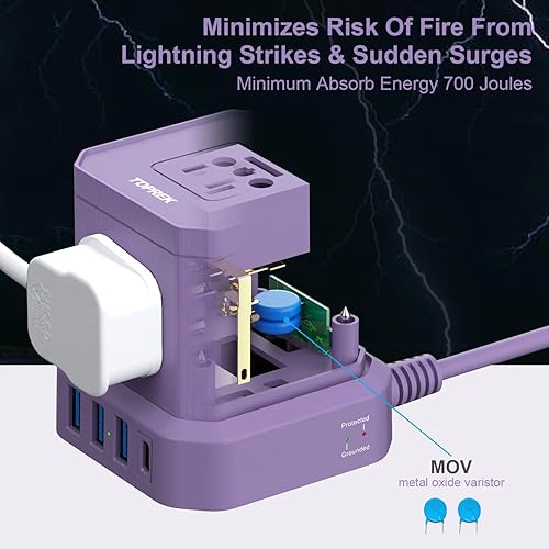 Miniatura 4 de TOPREK - Regleta de alimentación con USB, cable de extensión de 10 pies con enchufe plano, 5 salidas de CA 4 USB, estación de carga de escritorio