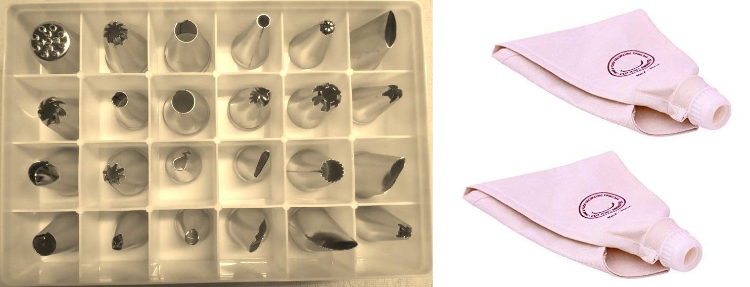 aadhinarayana Cake Decoration Icing Bag 2 (Reusable) with 24 Nozzle, Steel and Cotton, White - ADN Traders