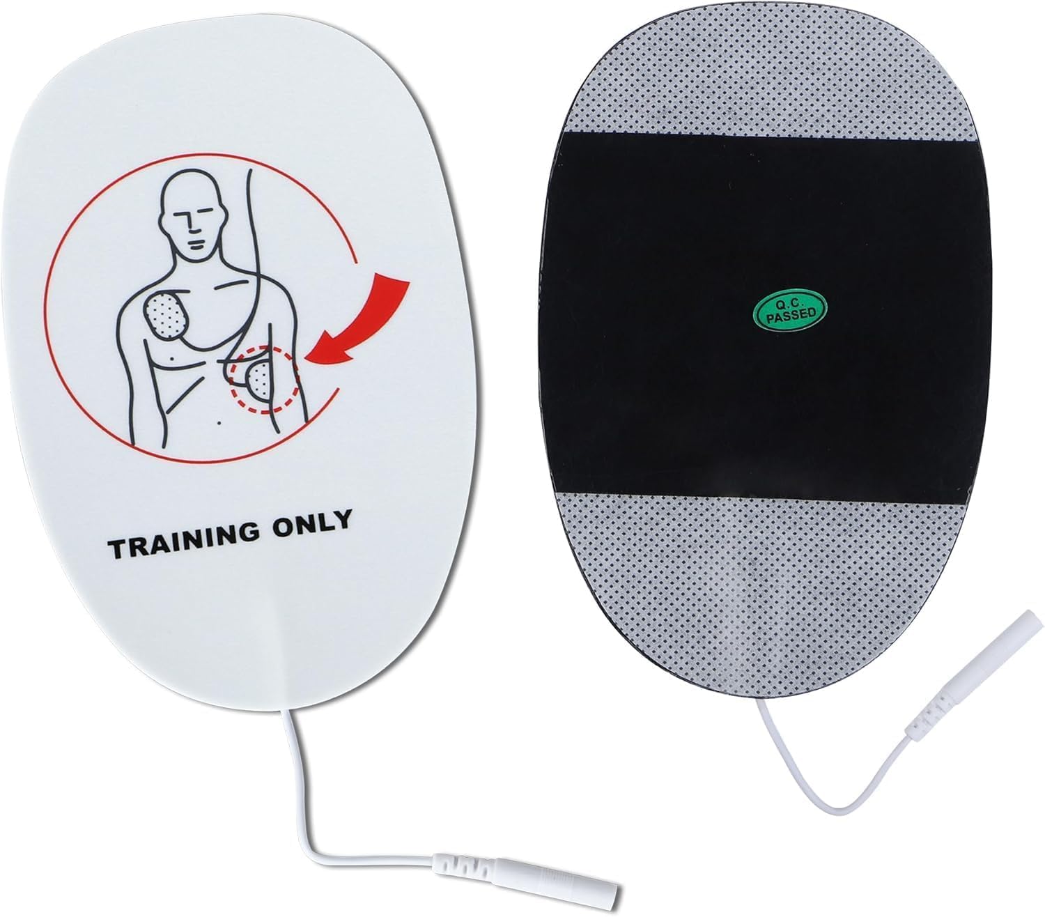 Front and back view of a single XFT AED Trainer Pad, showing placement diagram and adhesive surface