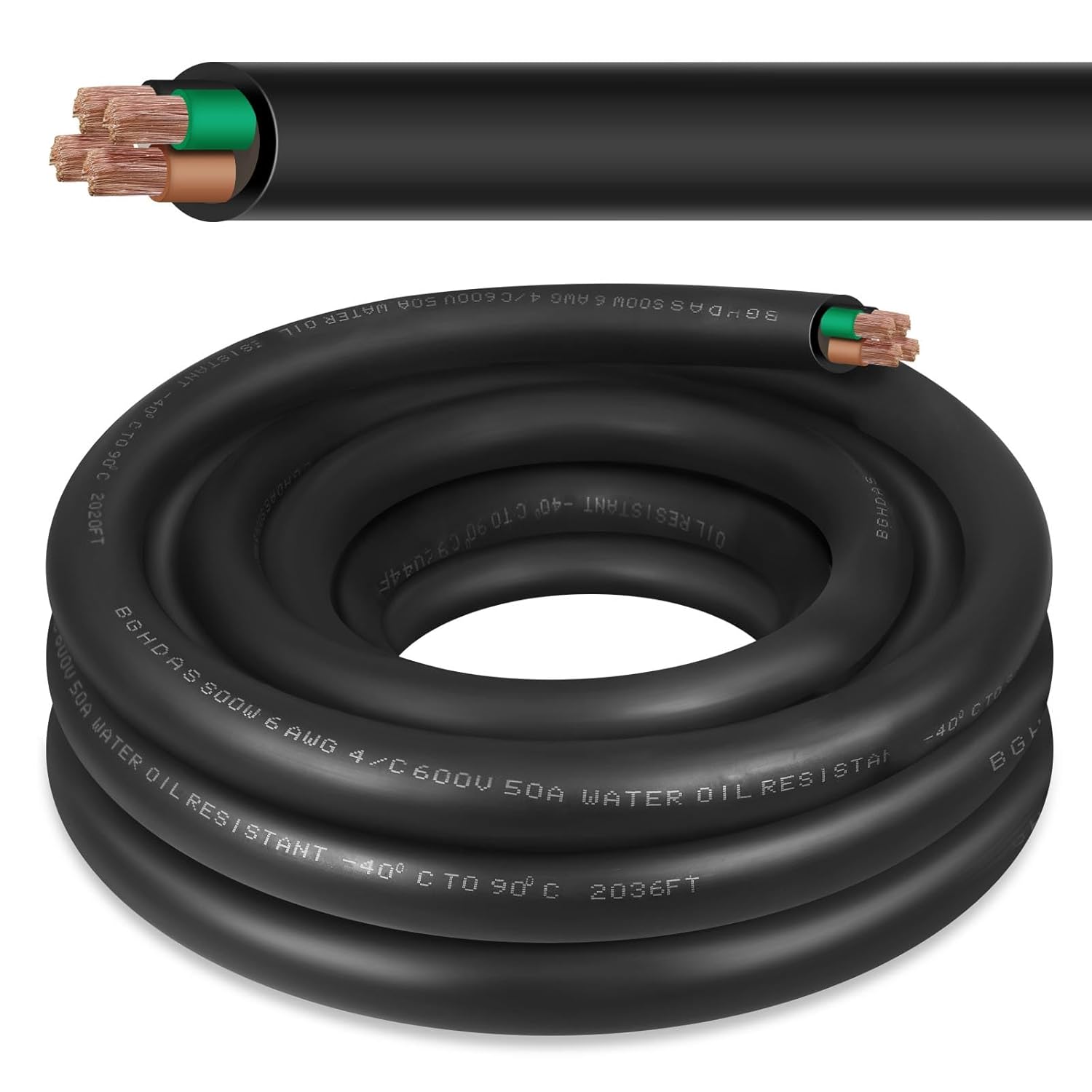 50 ft 6/4 AWG Cooper SOOW Cable (600 V, 50 amp) - Black Portable Power Cord 6 Gauge 4 Conductor Wire - Water & Oil Resistant for EV Charger, Generator, Welder Machine, Portable Light, Motor Leads