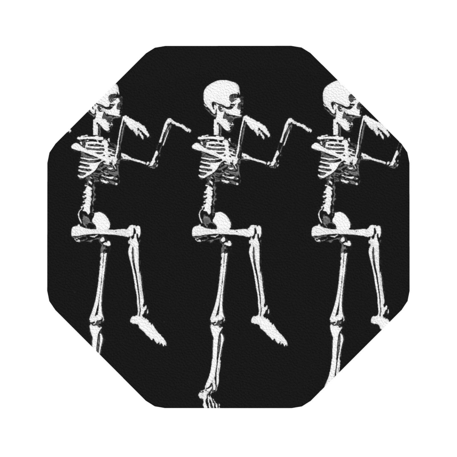 Halloween Posable Skeleton Skull PU Leather Coasters Set of 6 Octagon Drink Coasters