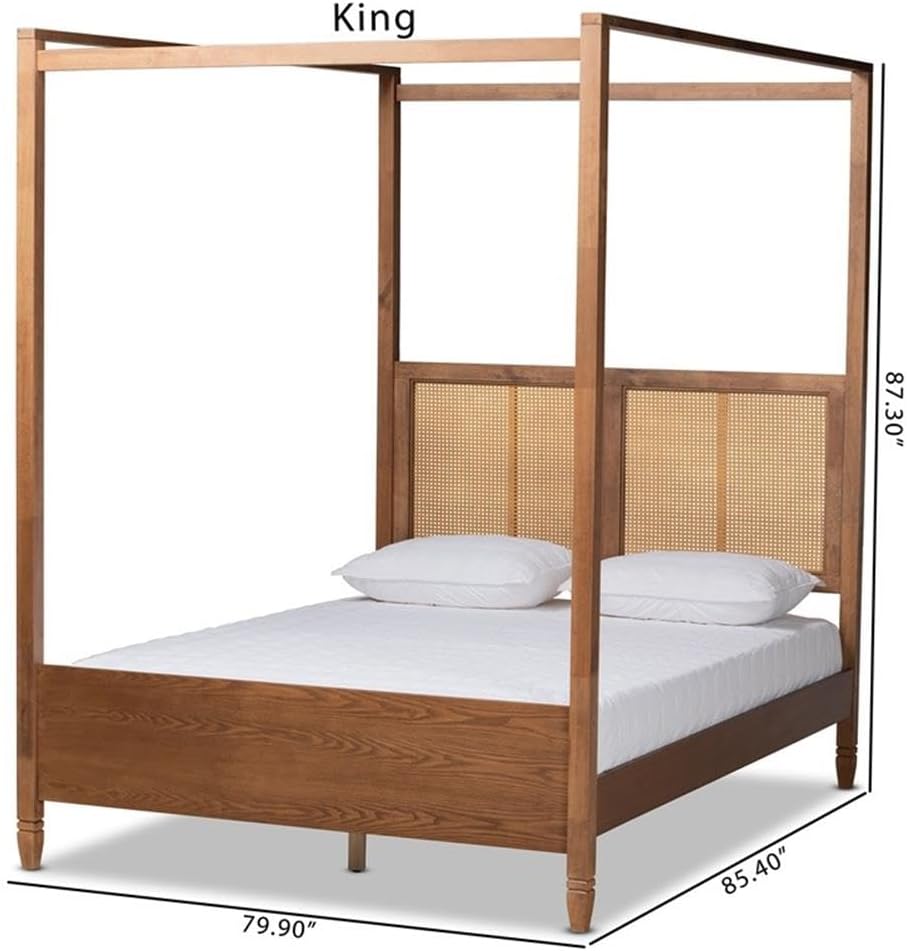 Baxton Studio Malia Modern and Contemporary Walnut Brown Finished Wood and Synthetic Rattan King Size Canopy Bed