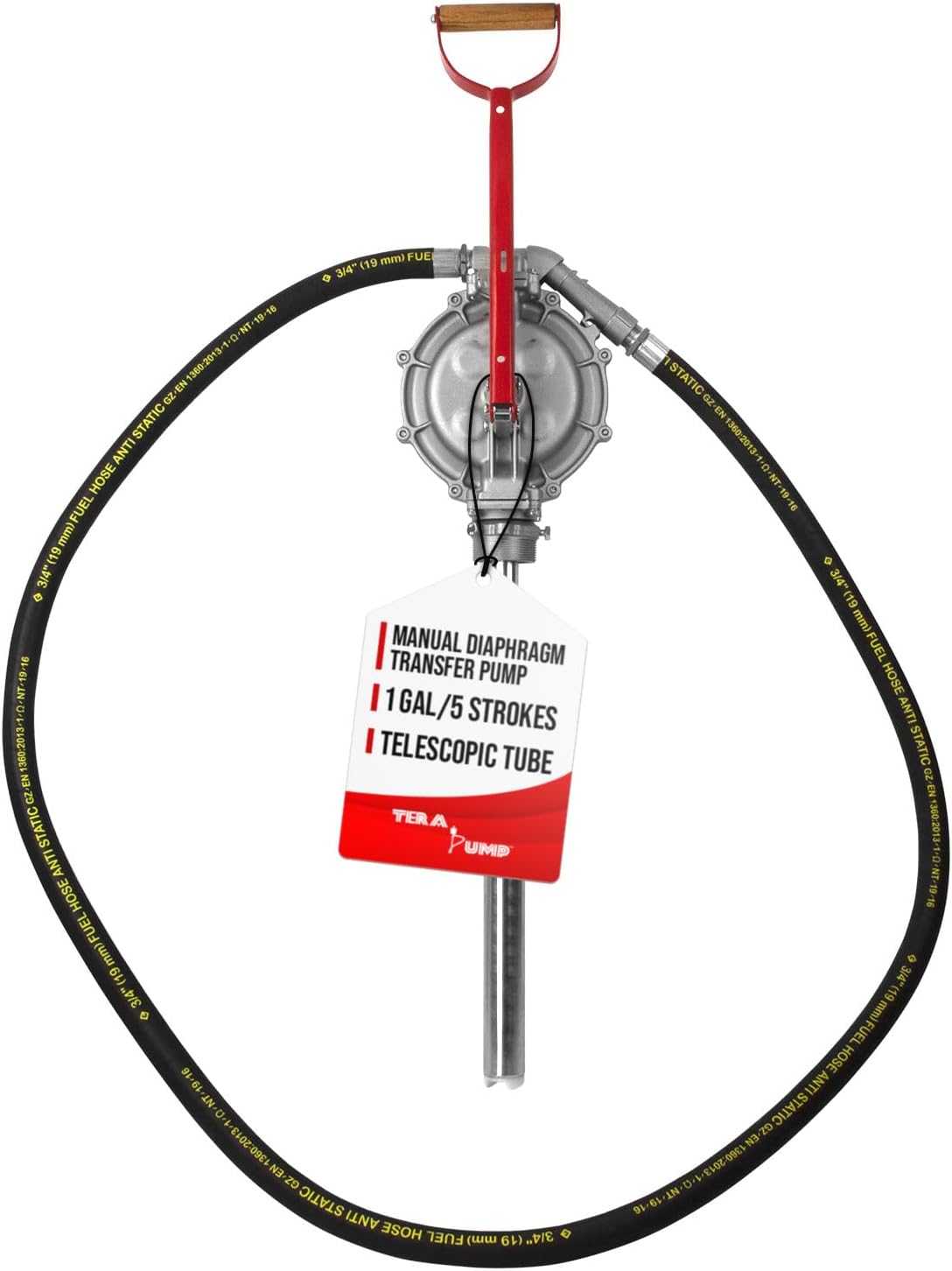 TERAPUMP High Volume Manual Diaphragm Drum Pump for Gasoline Diesel E85 - 15-55 Gallon Drums, Anti-Static Hose, 1 Gal/5 Strokes