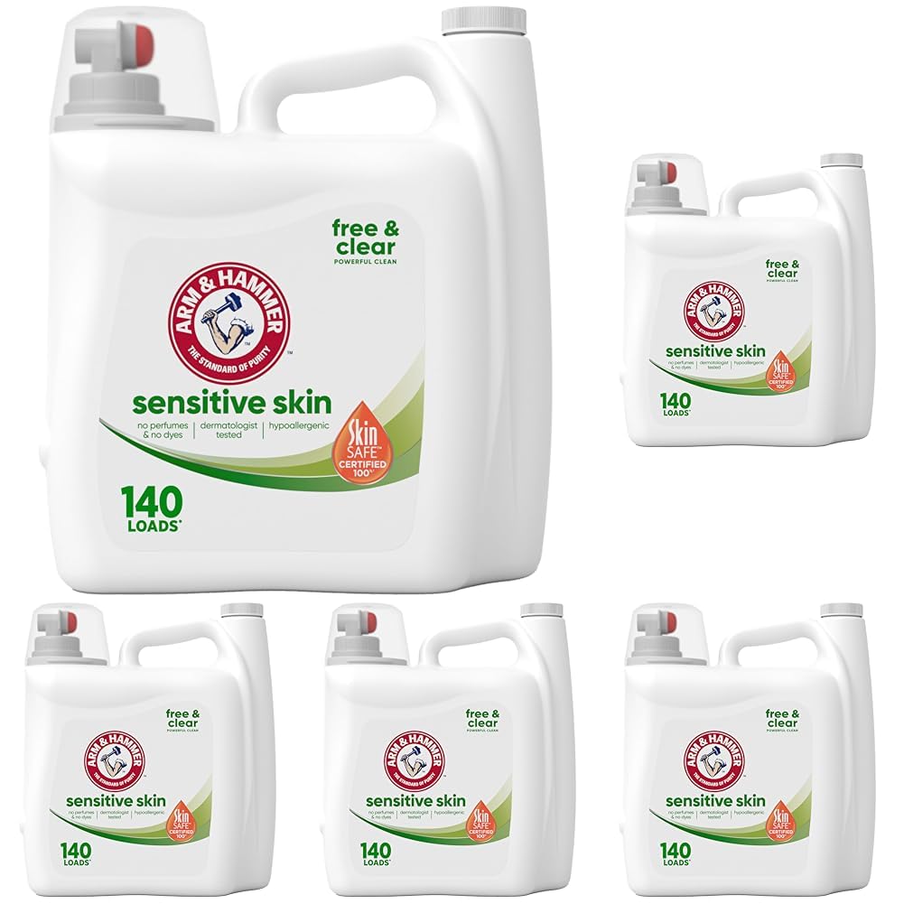 ARM & HAMMER Sensitive Skin Free & Clear Liquid Laundry Detergent, 700 Loads (5 x 140 Fl oz) | Dermatologist-Tested Hypoallergenic Formula - main product image