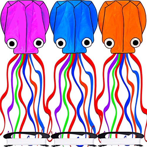 Kite, 3 Pack Kites for Kids Easy to Fly, Kites for Adults, Giant Octopus Kite for Beach Outdoor Games, Easy Flying Beach Kite 3 Color Toys Gift, 3D Rainbow Kites, Large Kite Long Tail with Kite String