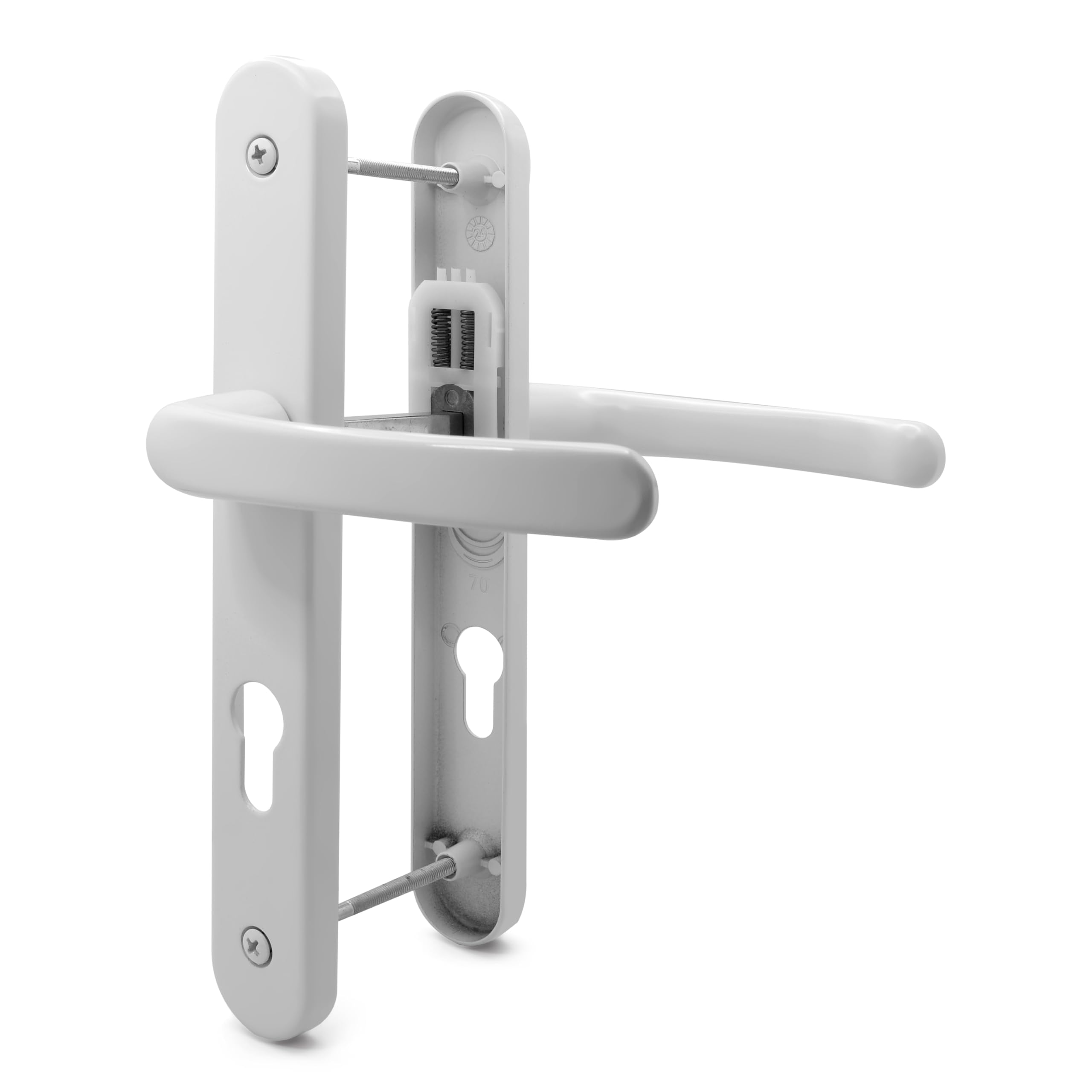 TSS UPVC Door Handle Set, 70mm PZ (Centres), with 7mm Spindle, Lever/Lever, Screw to Screw 200mm with Backplate 250mm x 34mm - Replacement PVC Door Handle (White)