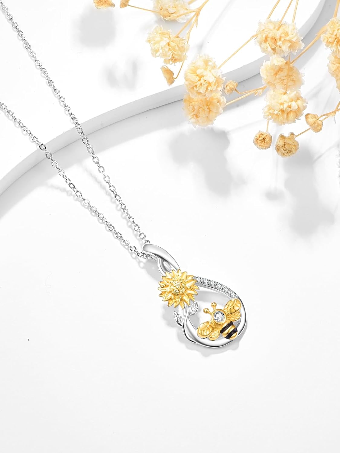Bee Sunflower Pendant Necklace for Women 925 Sterling Silver 18K Gold Plated Bumble Bee Jewelry Gifts for Bees Lovers - Image 3